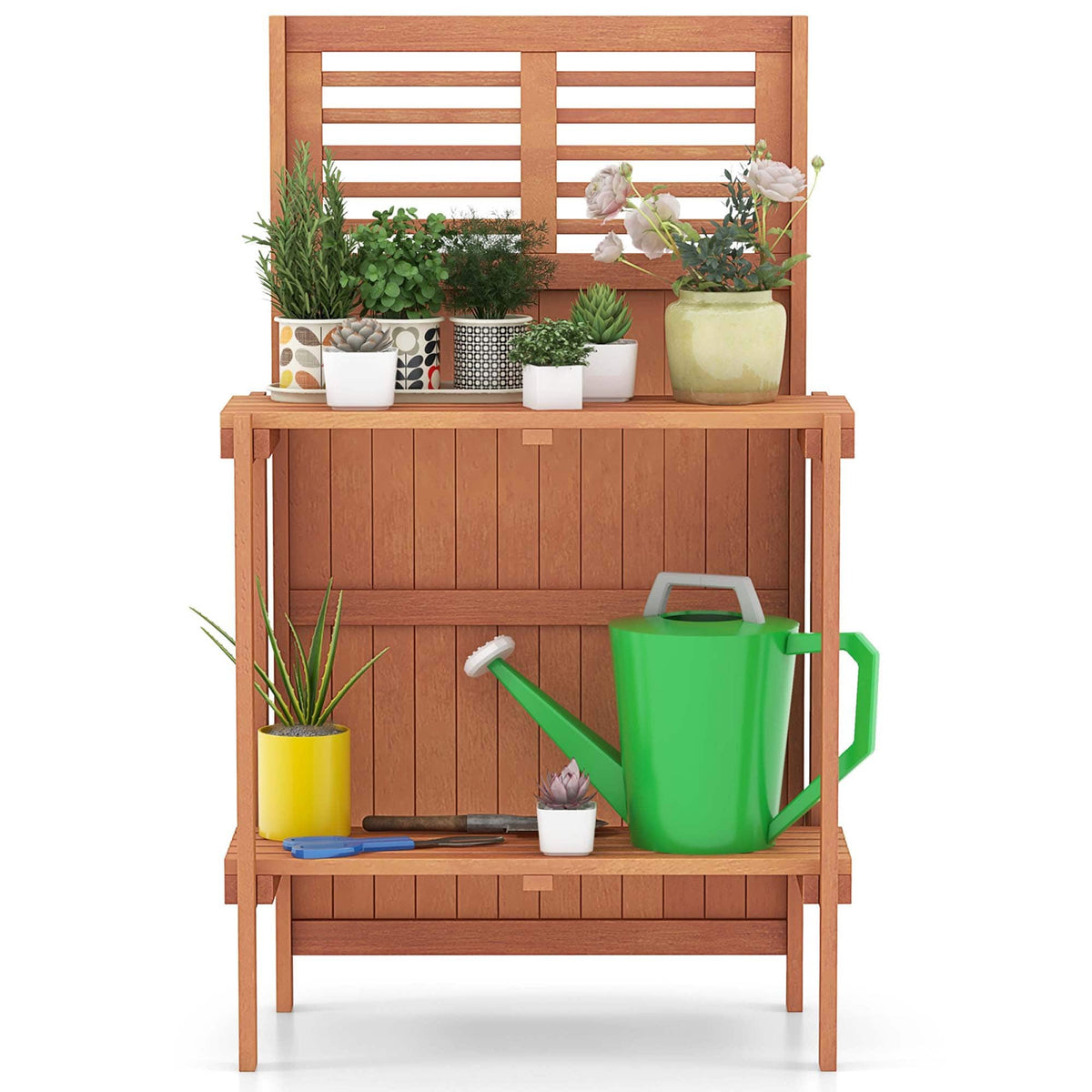 Costway - Wood Potting Bench Waterproof Garden Table with 2-Tier Open Storage Shelf - Natural