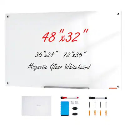 VEVOR - Magnetic Glass Whiteboard, Dry Erase Board 48"x32", Wall-Mounted Large Glassboard Frameless