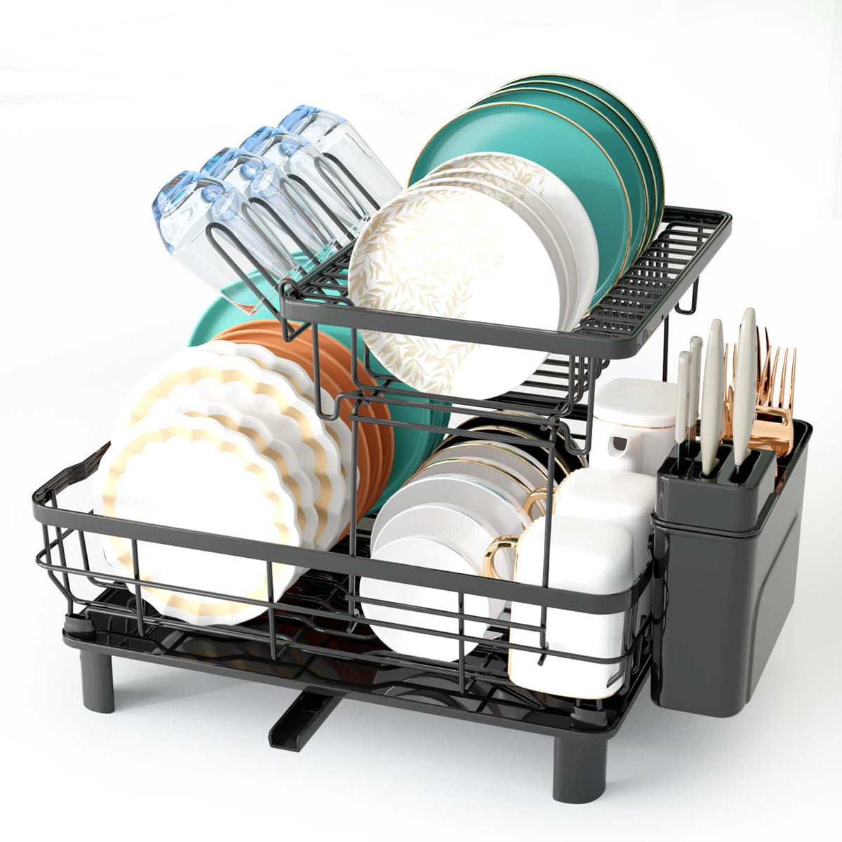 Sugift - 2-Tier Detachable Dish Drying Rack Stainless Steel Rack with Cutlery Box and Cup Holder - Black