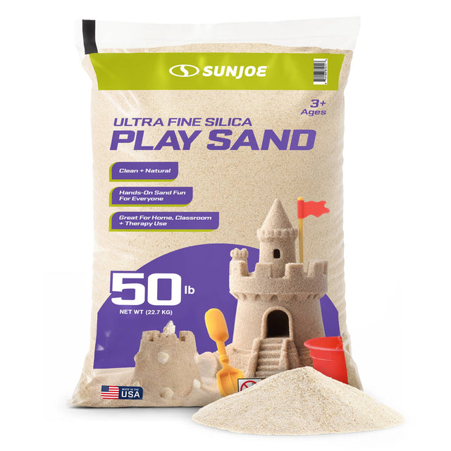 SUNJOE  
www.sates  
3+ Ages  
ULTRA FINE SILICA PLAY SAND  
Clean + Natural  
Hands-On Sand Fun For Everyone  
Great For Home, Classroom + Therapy Use  
50 lb NET WT (22.7 KG)  

MADE IN THE USA