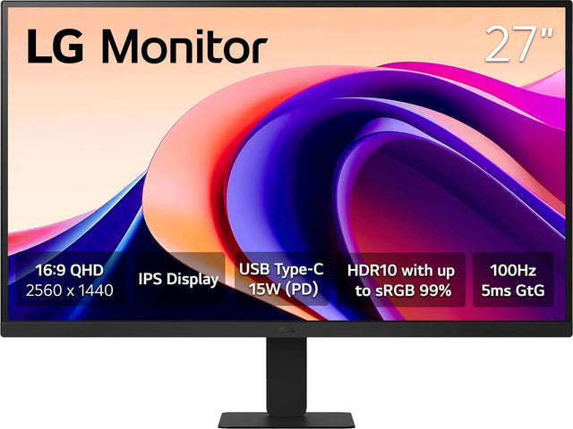 LG Monitor 27" 16:9 QHD 2560 X 1440 USB Type-C HDR10 with up IPS Display 15W (PD) to sRGB 99% 100Hz 5ms GtG