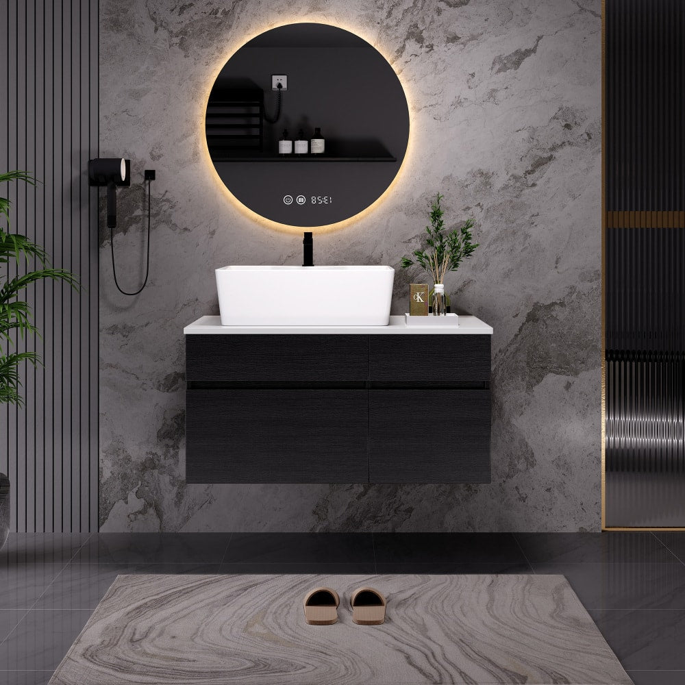 JUJABU - 31.5 In. Floating Bathroom Vanity with Ceramic Sink - Black