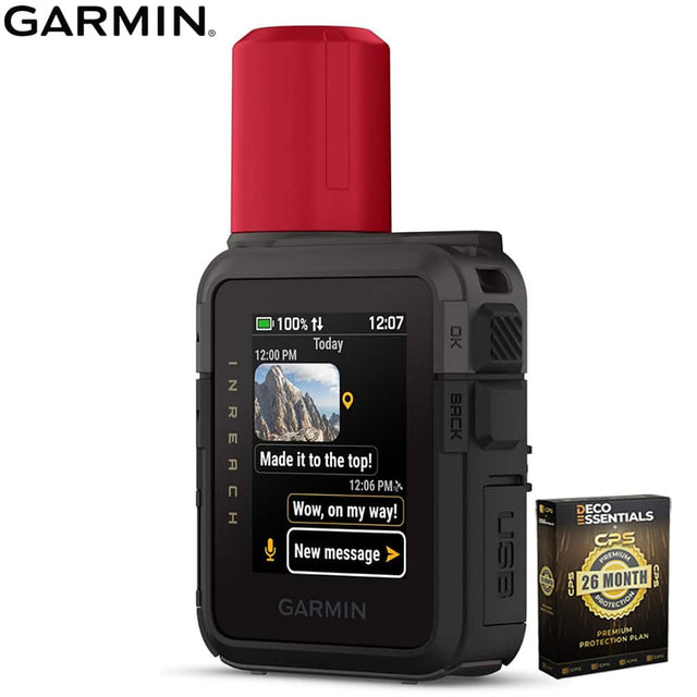 GARMIN INREACH 100%  
12:07 Today  
12:00 PM Made it to the top!  
12:06 PM Wow, on my way!  
New message  
GARMIN  
BACK USB ECO  
ESSENTIALS  
CPS PREMIUM  
CPS 26 MONTH  
CPS PROTECTION  
PREMIUM PLAN  
PROTECTION