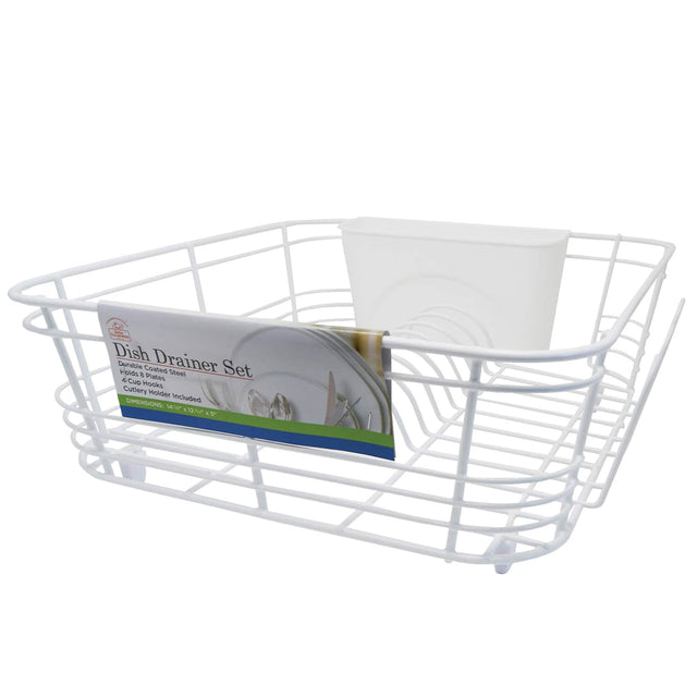 Dish Drainer Set  
Durable Coated Steel  
Holds 5 Plates  
Cup Hooks  
Cutlery Holder Included  
DIMENSIONS: 34" x 12" x 5"