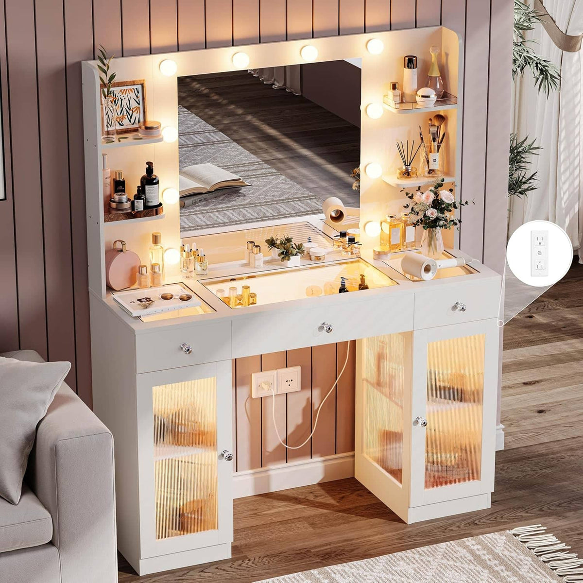DIYSET - Vanity Desk with Lighted Mirror, Glass Top Vanity with 2 Cabinets & 3 Drawers & 4 Shelves - White