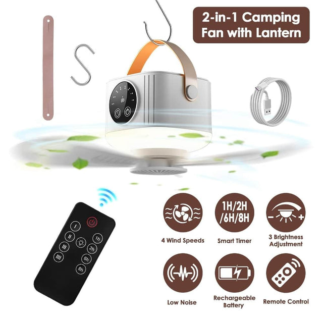 2-in-1 Camping Fan with Lantern

- 4 Wind Speeds
- Smart Timer: 1H/2H/6H/8H
- 3 Brightness Adjustment
- Rechargeable Low Noise Remote Control Battery