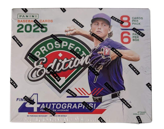 PANINI BASEBALL CARDS 2025  
PROSPECT Edition  
8 CARDS PER PACK  
6 PACKS PER BOX  
4 AUTOGRAPHS ON AVERAGE  
NO PURCHASE NECESSARY - SEE BACK FOR DETAILS  
ETHAN HOLLIDAY