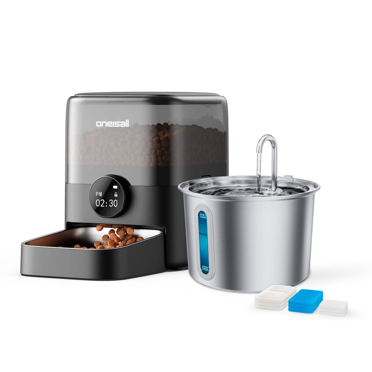 Oneisall - Feeding Combo: 3L Automatic Cat Feeder＋2L Stainless Steel Cat Water Fountain with 3 Filters - Silver