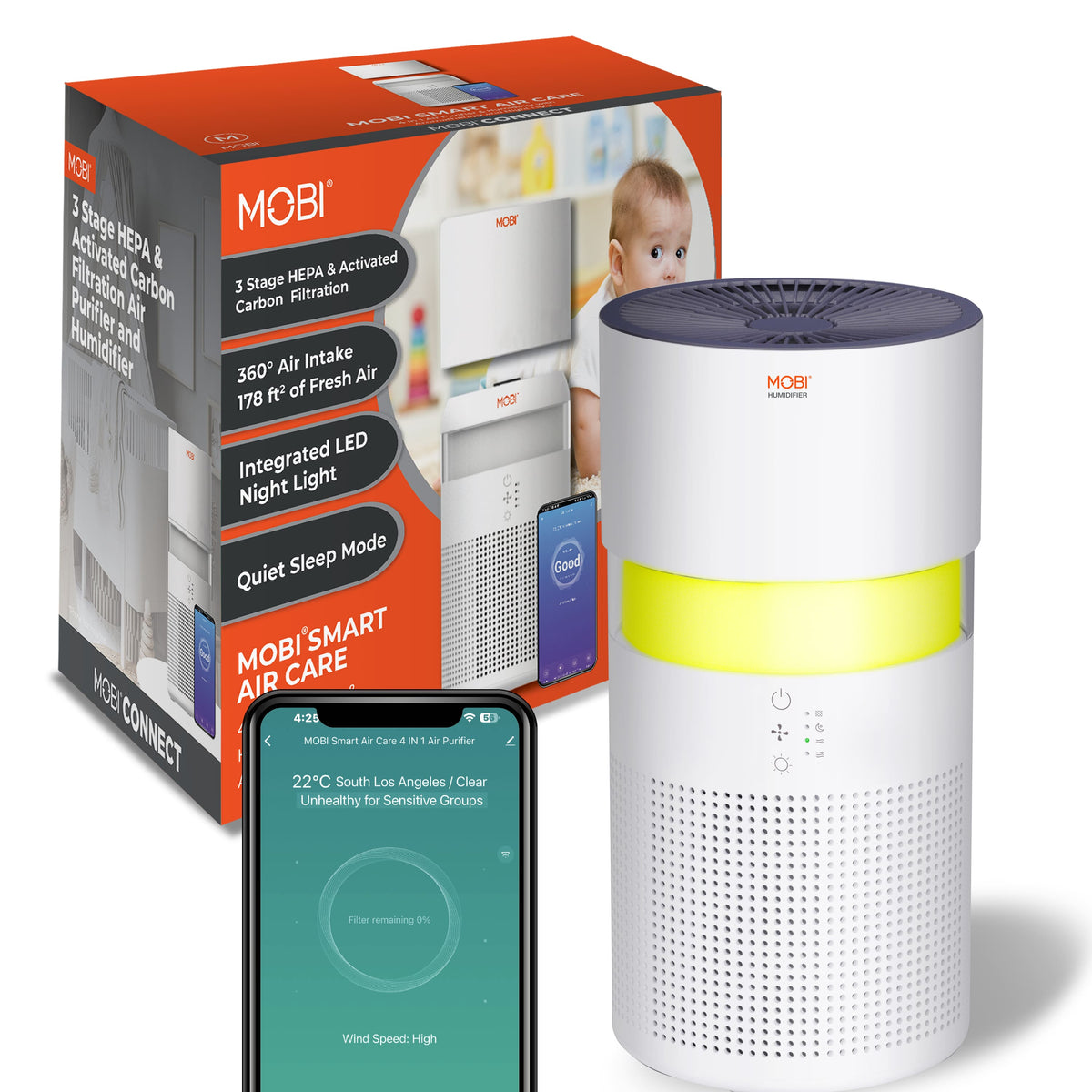MOBI - Air Care Smart 4 in 1 Air Purifier, Humidifier with Aromatherapy & Nightlight - White