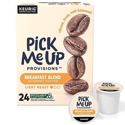 KEURIG GENUINE K-CUP PODS

Pick Me Up Provisions™
Breakfast Blend
Gourmet Coffee
Light Roast

Vibrant, lively, well-balanced

24 Recyclable K-Cup Pods
Feel Better, Recycle

Pick Me Up Provisions™
Breakfast Blend
Gourmet Coffee
Light Roast

KEURIG