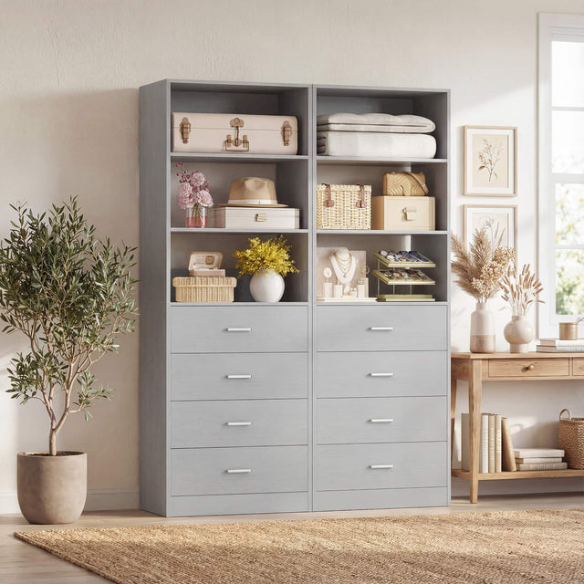 Front. Aheaplus - 42.6'' Closet Organizer System 2 Piece Set, Closet Storage Unit with 8 Drawers and 4 Shelves - Gray.