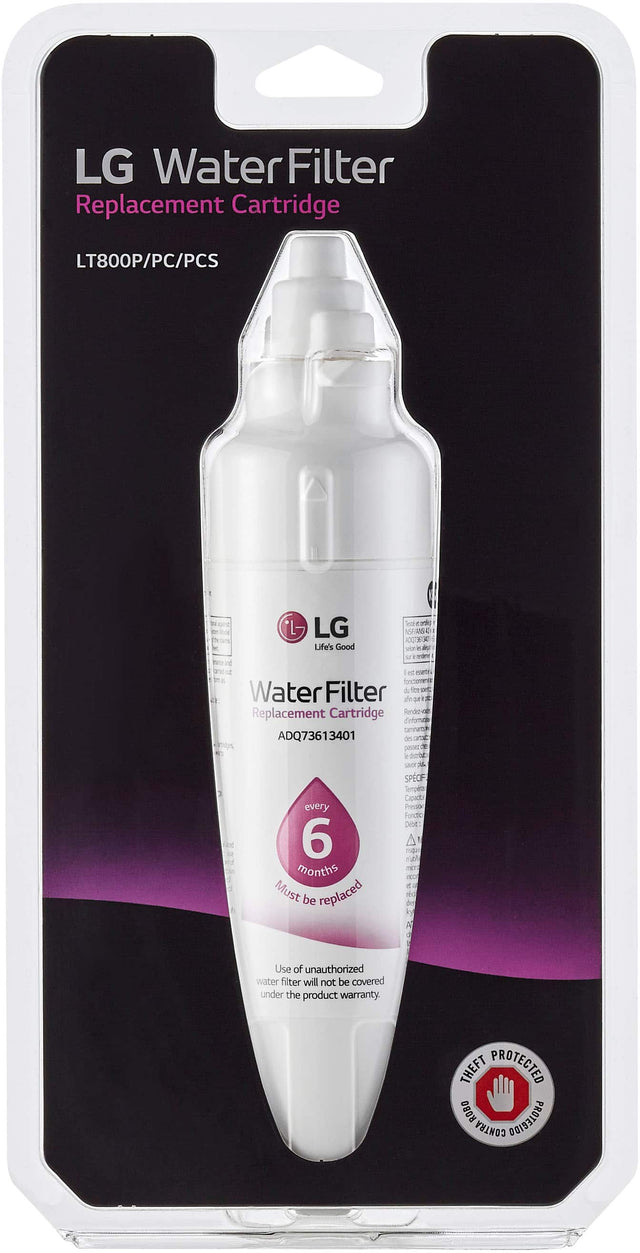 LG Water Filter Replacement Cartridge LT800P/PC/PCS LG Life's Good Trail 125 E 000 Y Vo i u ett wORO forcommg Water Filter dhe D Replacement Cartridge Rande d'inone ADQ73613401 des + SPECF every 6 months Must be replaced Capadui Pressil Fondo Del A Tuth Use of unauthorized water filter will not be covered under the product warranty. THEFT PROTECTED ROBO PROTEGIDO CONTRA.