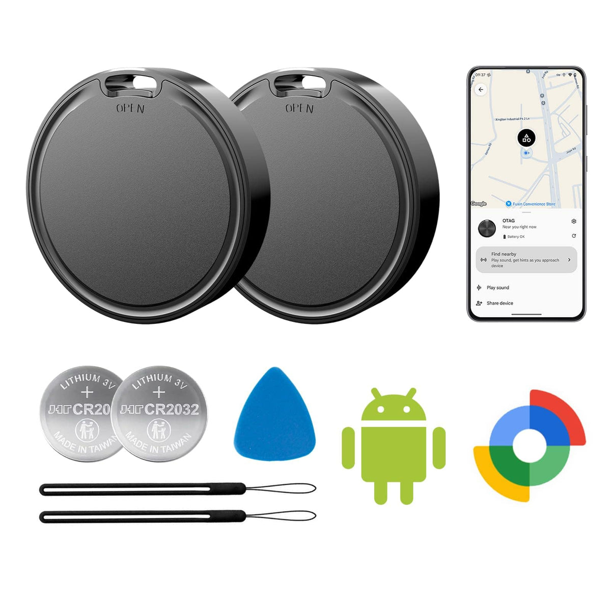 PRIMEPLUS - Android Tracker Tag 2 Pack, Works with Google Find My Device, 2-Year Battery, IP65 Waterproof for Keys Wallet Luggage - Black
