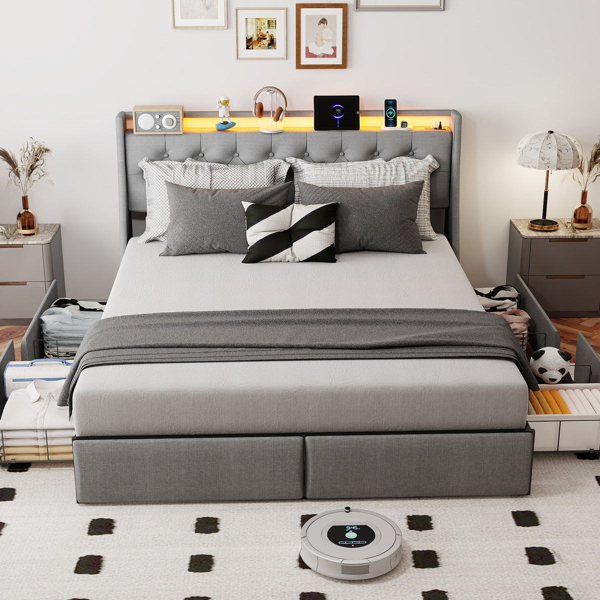 Anysun - King Size Upholstered Bed Frame with RGB LED Lights & Charging Station, Storage Headboard and Underbed Drawers - Gray