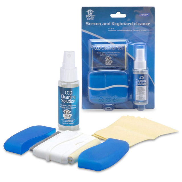 PYLE Home Screen and Keyboard Cleaner  
The solution cleaning cloth Cleaning eraser LCD Cleaning Pads  
Clean your LCD flat-screen and laptop monitor screen  
PYLE SR LCD Cleaning Solution  
LCD Cleaning Solution  
Clean your LCD flat-screen and laptop monitor screen  
PYLE Home Screen and Keyboard Cleaner  
- 3 in 1  
- solution + cleaning cloth + cleaning eraser  
LCD Cleaning Pads  
Clean your LCD flat-screen and laptop monitor screen  
LCD Cleaning Solution  
Clean your LCD flat-screen and laptop monito