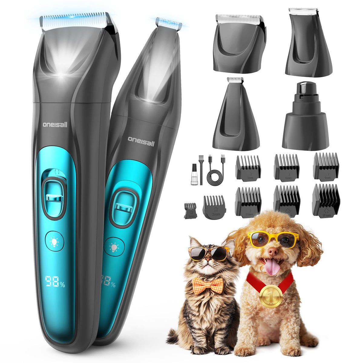 Oneisall - 4-in-1 Wireless Pet Clipper 2000mAh with Clipper,Paw Trimmer,Nail Grinder & LED Light For Full Body
