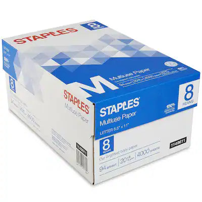 Staples - Multiuse Copy Paper, 8.5" x 11", 20 lbs., 94 Brightness, 500 Sheets/Ream, 8 Reams/Carton (26860-CC)