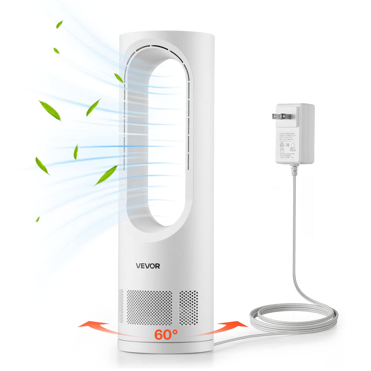 VEVOR - Desk Fan Bladeless, 17 inch Office Table Fan Small Quite, 5 Speeds Adjustment, 0-9H Timer, 60-Degree Oscillation - White