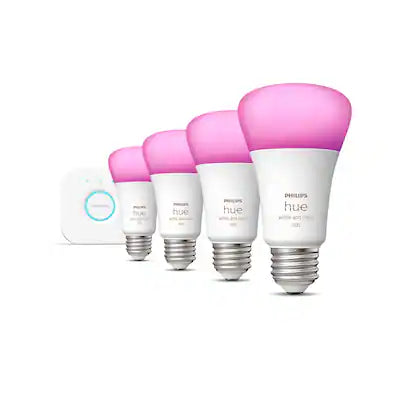 Philips - Hue 75W A19 Smart Bulb Starter Kit (4‑Pack) – White & Color Ambiance + Hue Bridge