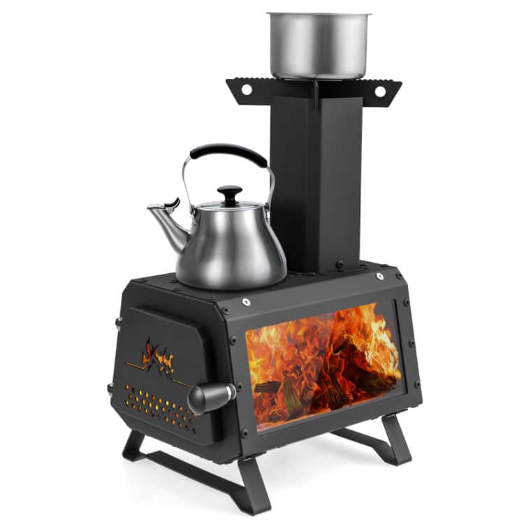 Mondawe - Patented Portable Wood Camping Burning Stove Heater Tabletop Fire Pit with 2 Cooking Positions - Black