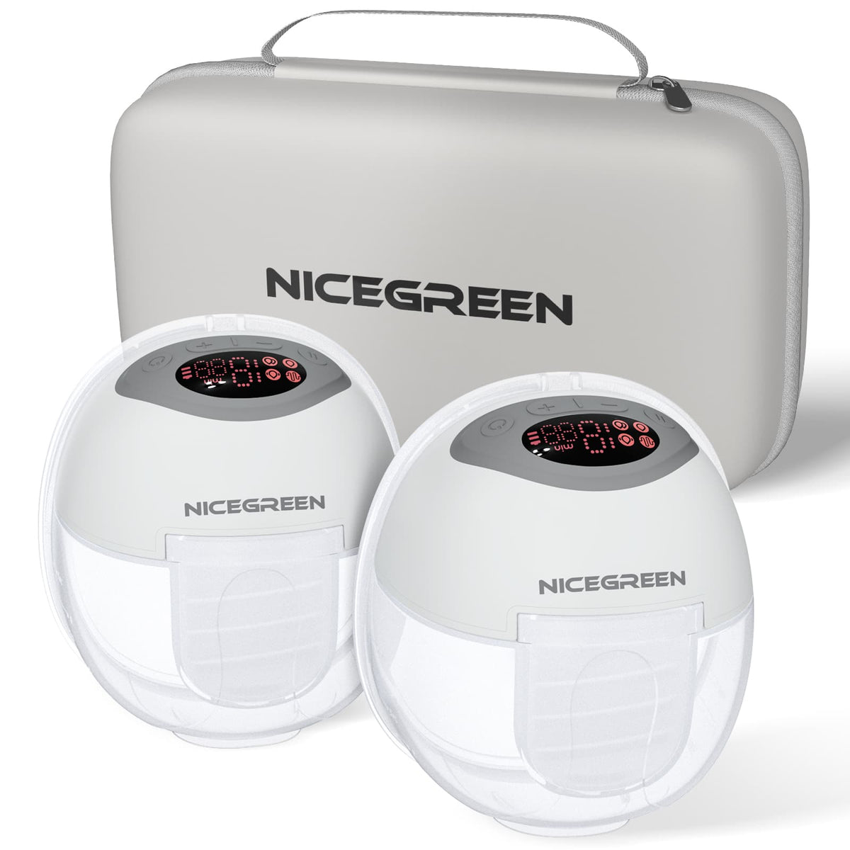 NICEGREEN - S32 Double Electric Hands-Free Wearable Breast Pump with Storage Case and 8 Flanges - Gray