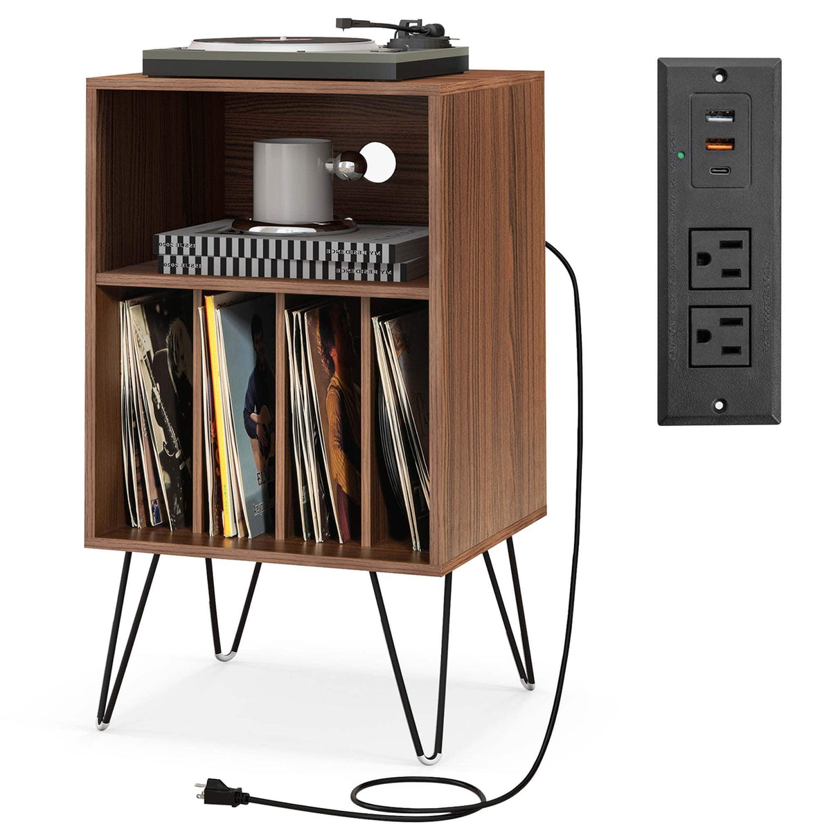 Costway - 3-Tier Record Player Stand with Charging Station Shelf & 4 Dividers for Bedroom - Walnut
