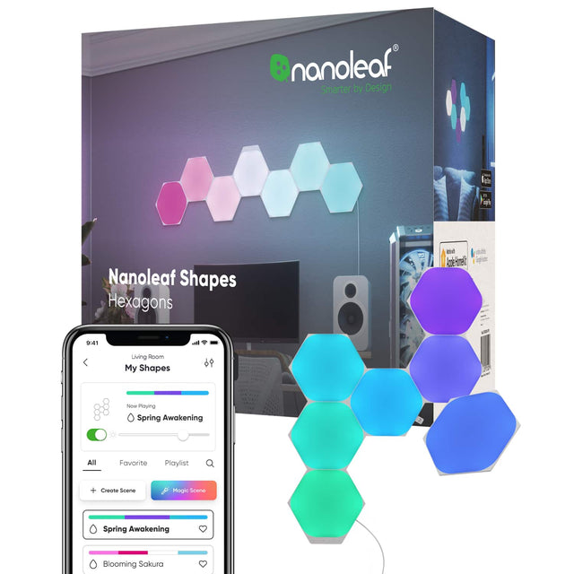nanoleaf Smarter by Design I  i 20% Nanoleaf Shapes Hexagons be de Acode-rimed: ip 9:41 In Living Room My Shapes 69 Now Playing Spring Awakening All Favorite Playlist + Create Scene Magic Scene Spring Awakening Blooming Sakura