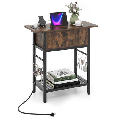 Costway - End Table with Charging Station, Flip Top Sofa Side Table with USB Ports,Outlets&Shelf