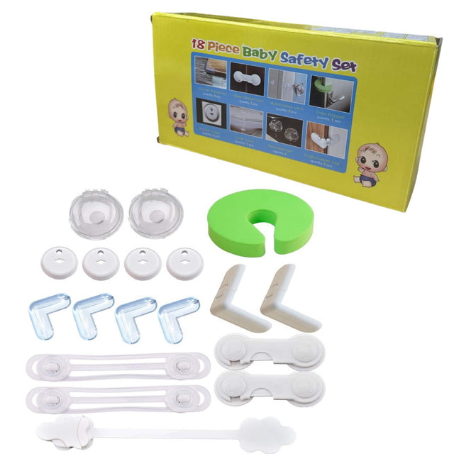 18 Piece Baby Safety Set

- Glass Cabinet Lock x 2
- Multi-Function Lock x 2
- Door Stopper x 1
- Vanity Lock x 2
- Drawer Lock x 2
- Cabinet Lock x 2
- Door Stopper x 1
- Cabinet Lock x 2