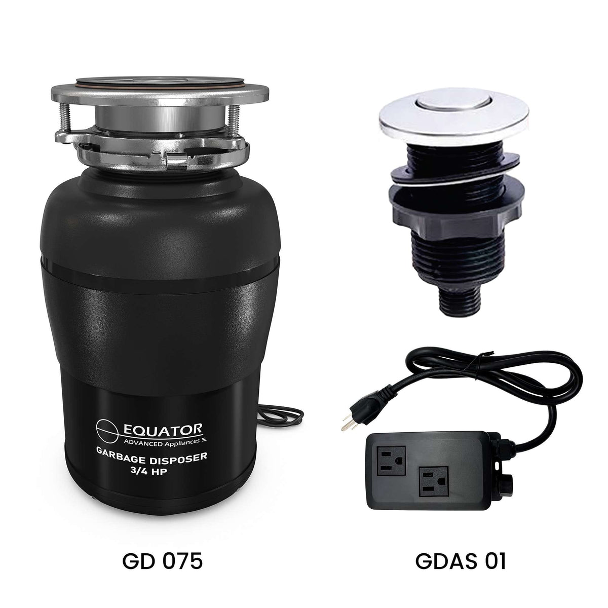 Equator - 3/4HP Garbage Disposal ULTRA QUIET 65 dB 2 Stage Grinding 1700 RPM + Air Switch Countertop Control 110V - Black