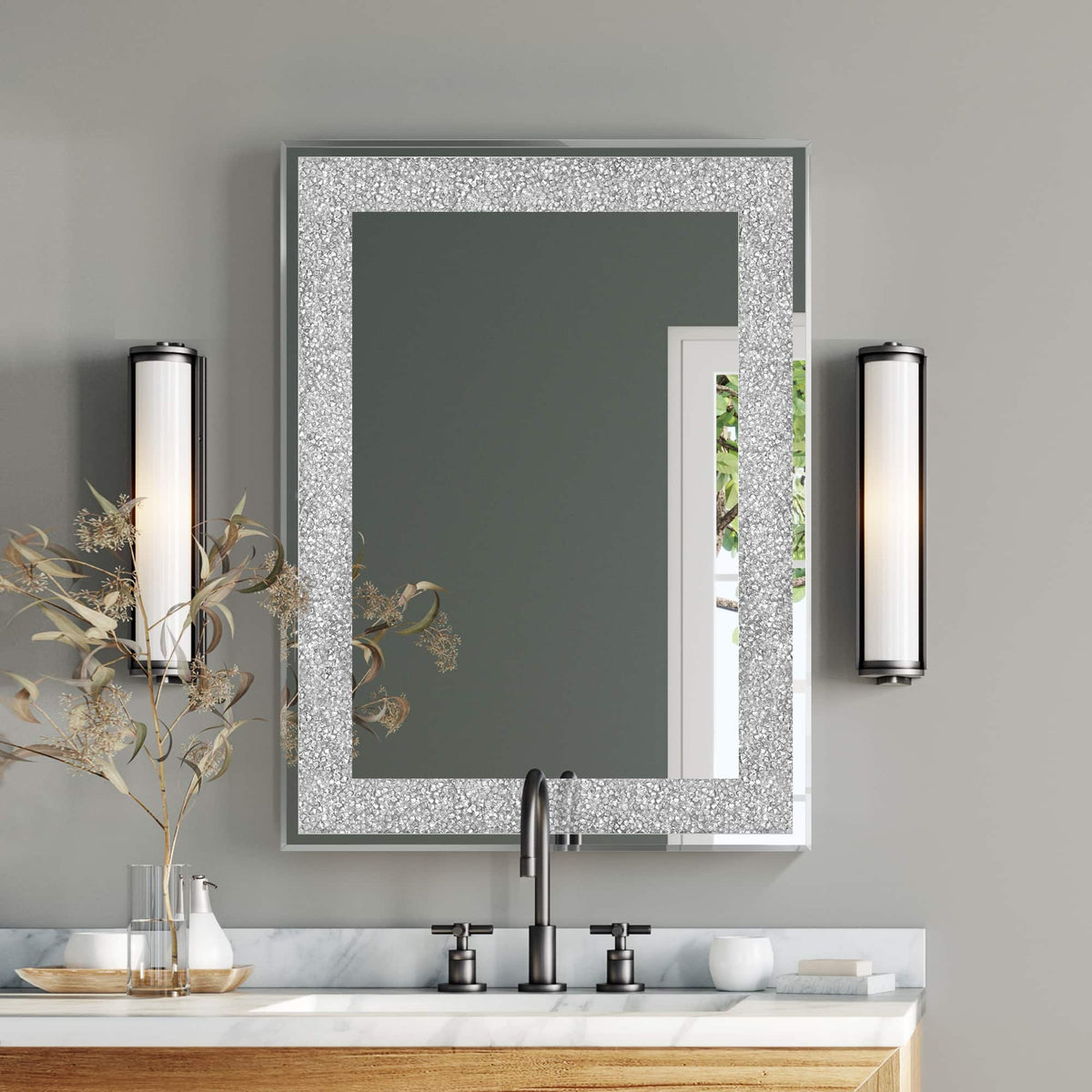Breezary - 36 x 24 Modern Decorative Wall Mirror Crushed Diamond Frame Rectangle Vanity Mirror for Bathroom Bedroom Living Room - Black