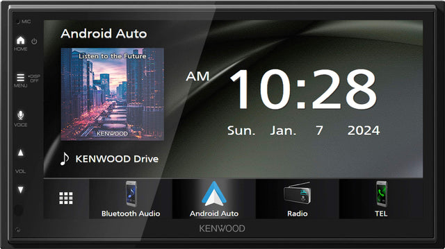 The text on the image is grouped and corrected as follows:

1. MIC: Android Auto HOME DISP OFF MENU VOICE Listen to the Future KENWOOD AM 10:28 Sun. Jan. 7 2024 KENWOOD Drive VOL 2 Bluetooth Audio Android Auto Radio TEL KENWOOD

This text describes a Kenwood device that is connected to Android Auto and is currently displaying the time and date of January 7, 2024. The device is also connected to Bluetooth audio and is playing music.