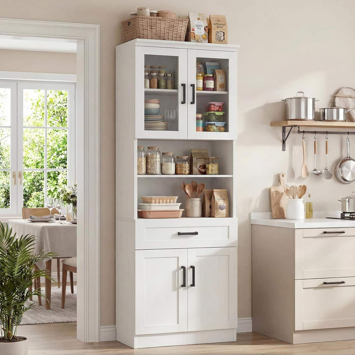 Aheaplus - 79.7" Tall Kitchen Pantry Storage Cabinet, Kitchen Hutch Cabinet with Glass Door, Adjustable Shelves and Drawer - White