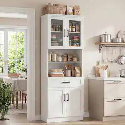 Aheaplus - 79.7" Tall Kitchen Pantry Storage Cabinet, Kitchen Hutch Cabinet with Glass Door, Adjustable Shelves and Drawer