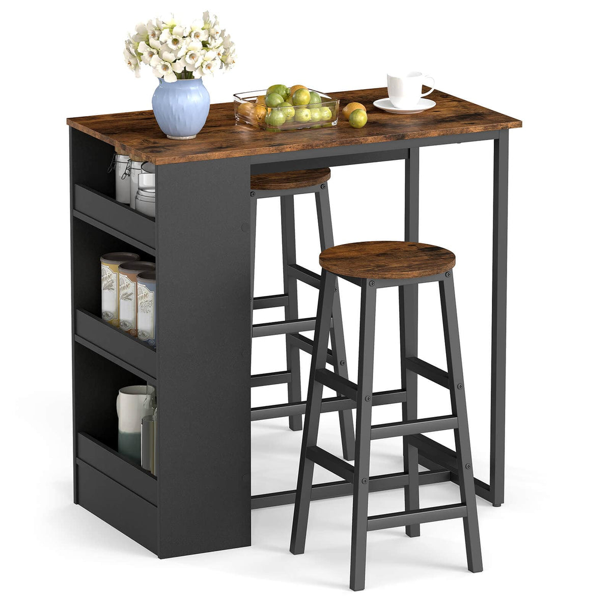 Costway - 3 Pieces Bar Table Set Industrial Counter Height Dining Table Set with Storage - Rustic Brown + Black