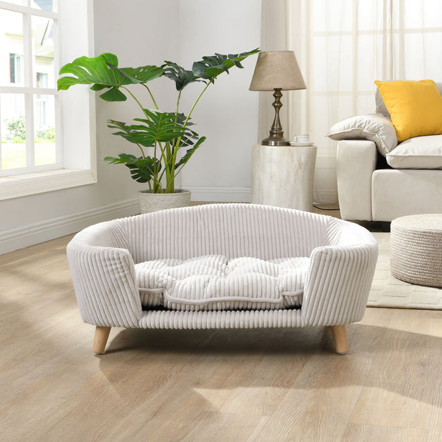 Front. Zeus & Ruta - Beige Corduroy Pet Couch Bed with Rubber Wood Legs and Supportive Foam for Small Dogs - Beige.