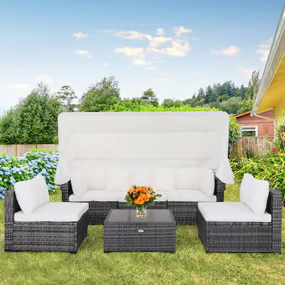 Costway - 6-Piece Outdoor Patio Furniture Set Retractable Canopy Conversation Set