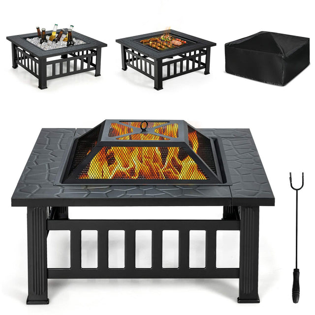Front. Costway - 32'' 3 in 1 Outdoor Square Fire Pit Table W/ BBQ Grill, Rain Cover for Camping - Black.