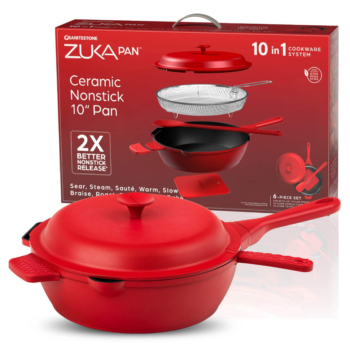 Granitestone - Zuka Everyday Pan 10" Nonstick Multi-Functional Saute Pan with Lid, Nylon Spoon and Steamer Basket - Red