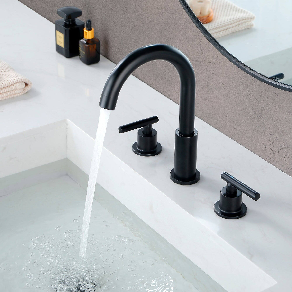 Boyel Living - 8 in Widespread Double Handle 1.2 GPM Bathroom Faucet with Quick Connect Hose and Pop Up Drain - Matte Black