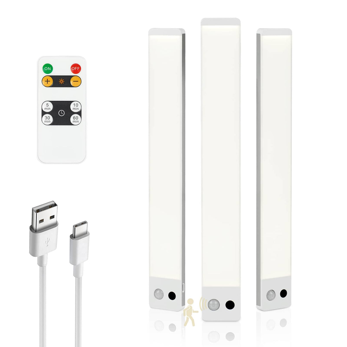 Dawnrise - 3 Pack 12 inch Rechargeable Motion Sensor Under Cabinet Light with Remote Control, Neutral White, Dimmable