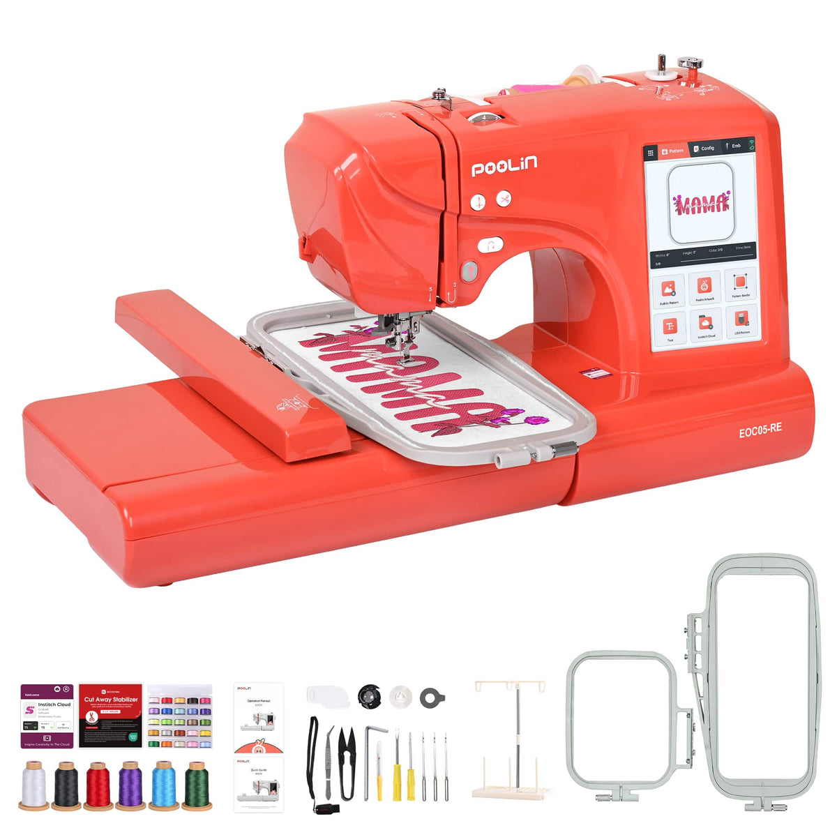 Poolin - EOC05-RedEdition 9.2x4in Big Area Computerized Embroidery Machine 7" Touchscreen Wifi Start kit Hobby Sidework & Gift - Red