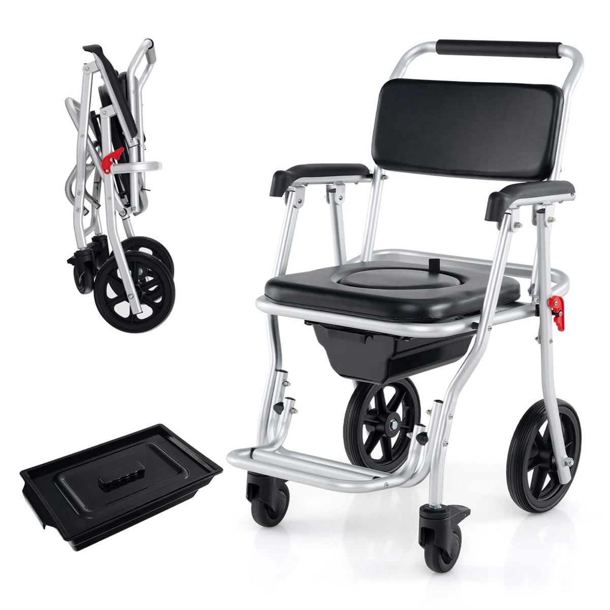 Costway - 4-in-1 Bedside Commode Chair with Brakes, Bucket Footrest Padded Seat & Backrest - Black+ Silver