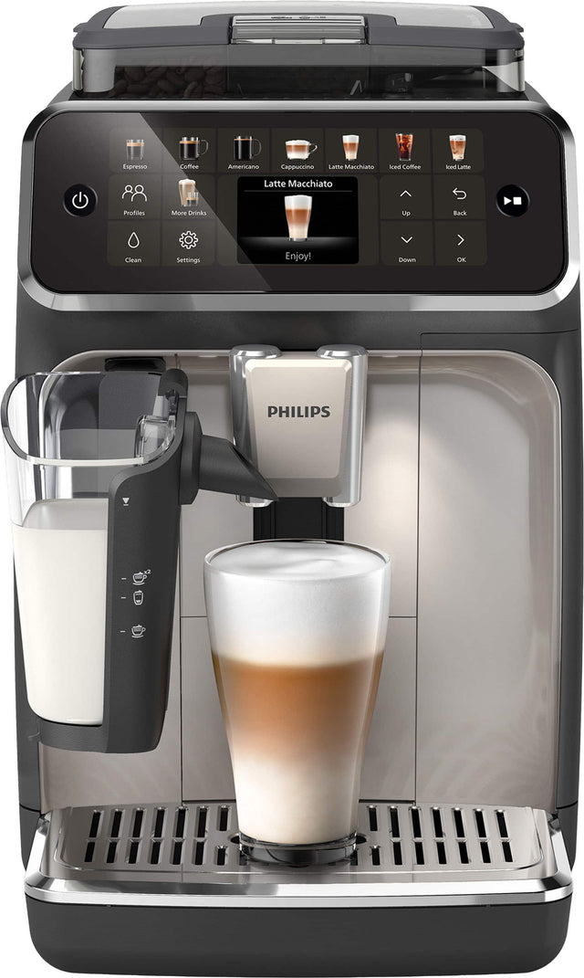 Espresso  
Coffee  
Americano  
Cappuccino  
Latte Macchiato  
Iced Coffee  
Iced Latte  

Profiles  
More Drinks  
Clean  
Settings  

Up  
Back  
Down  
OK  

Enjoy!  

PHILIPS