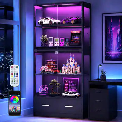 Skyzoo - Curio Display Cabinet, App-Controlled LED Lighted Showcase, Freestanding Display Case for Collectibles
