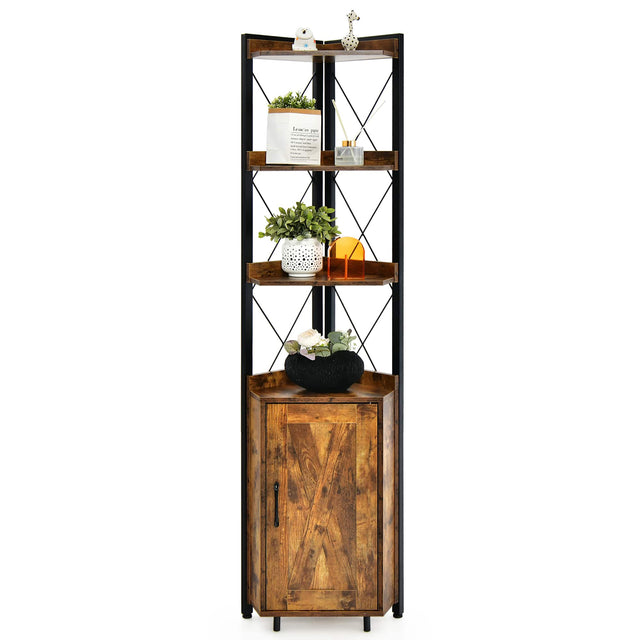 Front. Costway - 6-Tier Corner Shelf Bookshelf Industrial Storage Rack Cabinet Rustic Plant Stand - Rustic Brown.