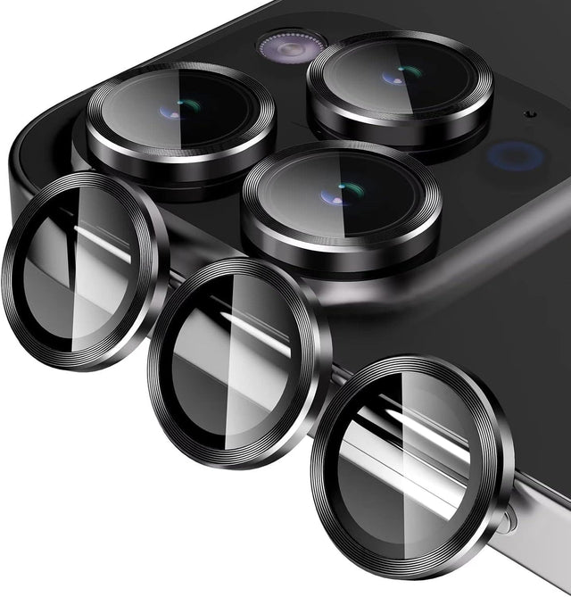 Front. Entronix - Entronix Luxury Metal Camera Lens Protector for iPhone 15 Pro and 15 Pro Max - Black.