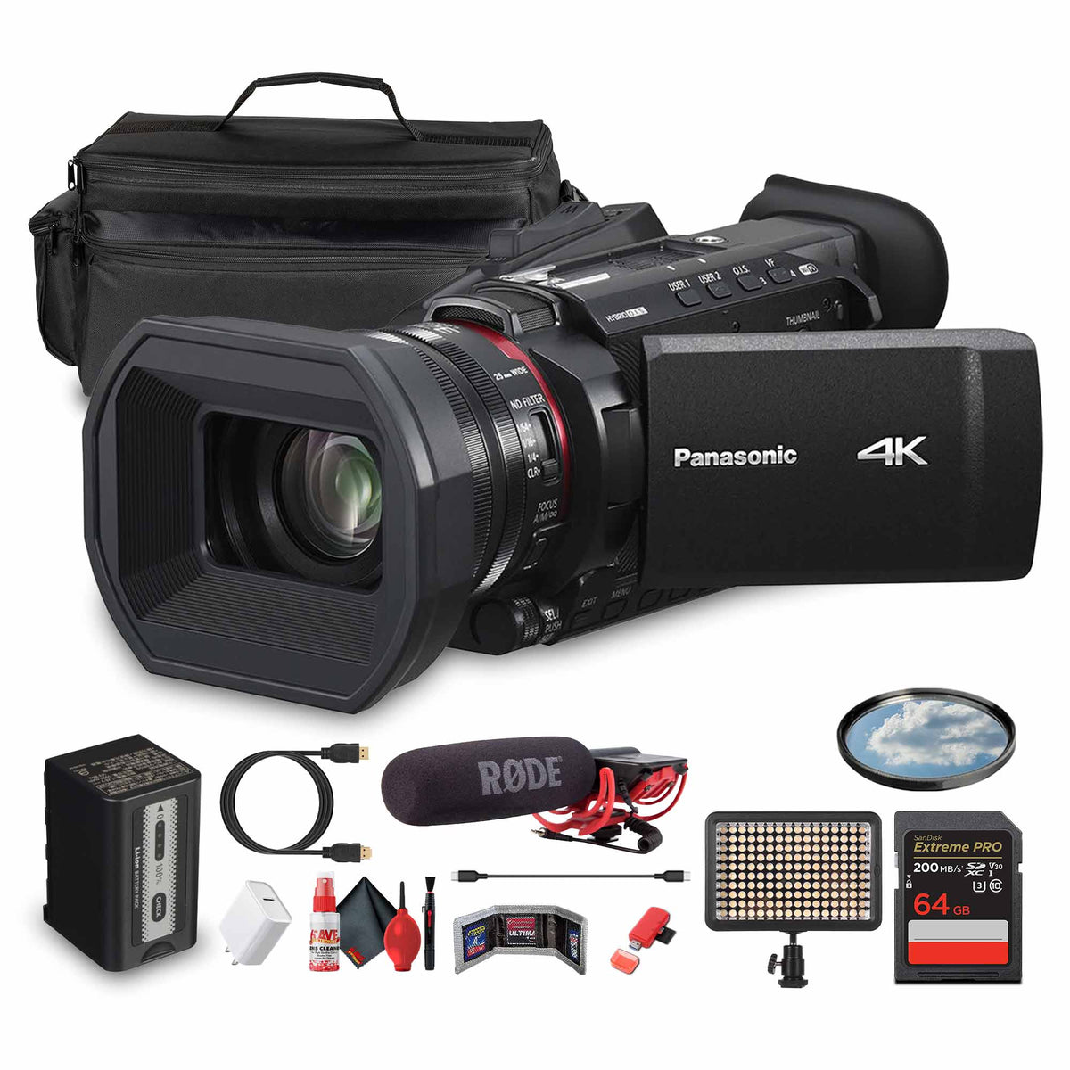 Bundle - Panasonic - HC-X1200 UHD 4K HDMI Lightweight Compact Camcorder with 24x Zoom + Mic - - Advanced