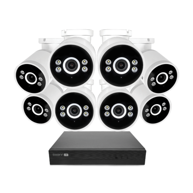 Front. Swann - AdvancedX Series / NVR-8ADVANX / 1TB / 8x NHD-ADVANXB 4K Spotlight Bullet IP Cameras / Power over Ethernet (PoE) - Black.