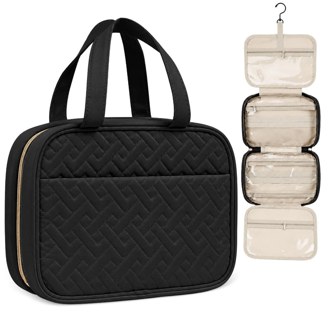 Front. Mber - Travel Toiletry Bag Hanging Organizer, Large Travel Makeup Cosmetic Bag with Clear Compartments for Men and Women, Black - Black.